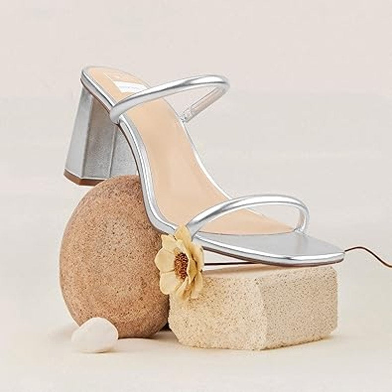 BCTEX COLL Womens Size 10 Silver Chunky 3" Heel Slip On Sandals 2-Strap Shoes