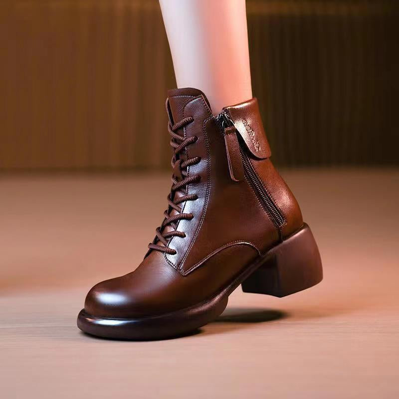 Women's Vintage Chunky Heel Ankle Boots | Microfiber Leather Side Zipper Low-Top