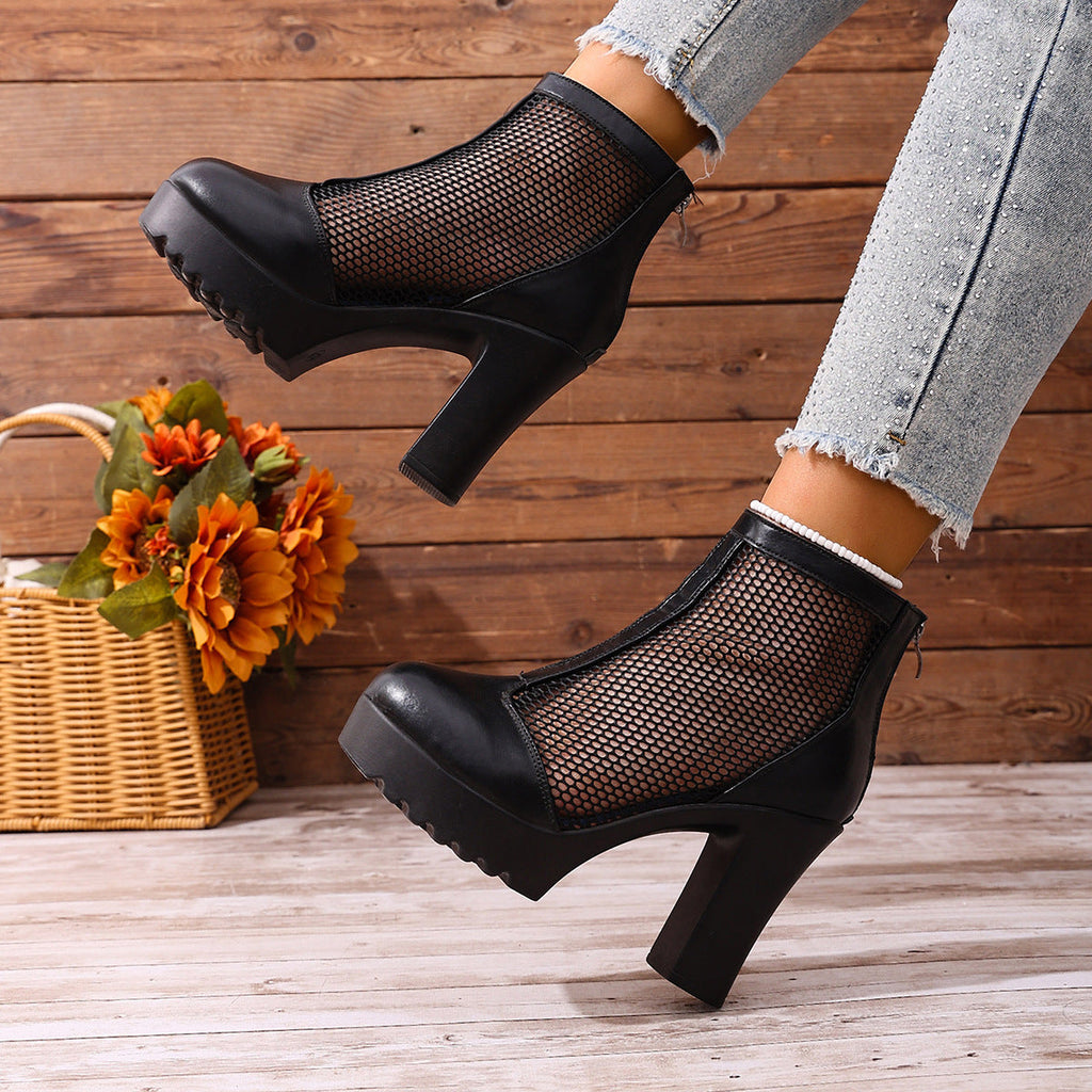 Women's Mesh Chunky Heel Ankle Boots – Back Zip High Heel Fashion Boots