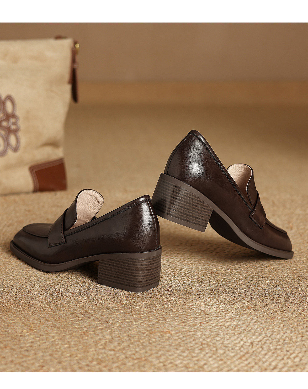 Women's Retro Square-Toe Chunky-Heel Slip-On Loafers – Sheepskin Leather