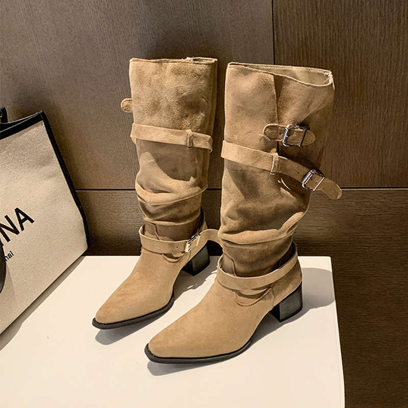 Women's Suede Pointed Toe Chunky Heel Ankle Boots | Sarah Express
