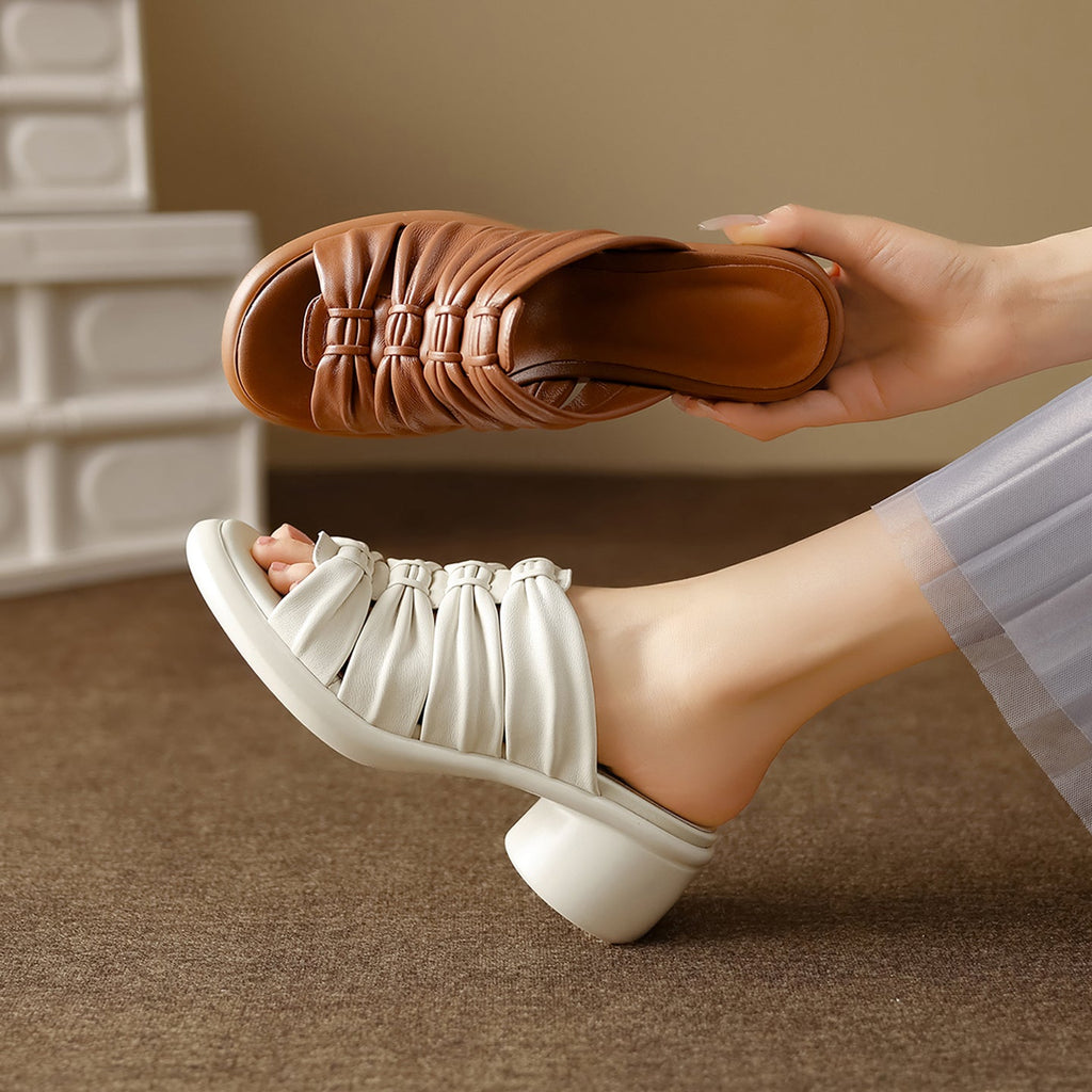 Women's Ruched Slide Sandals | Genuine Lambskin Block Heel Open-Toe Mules