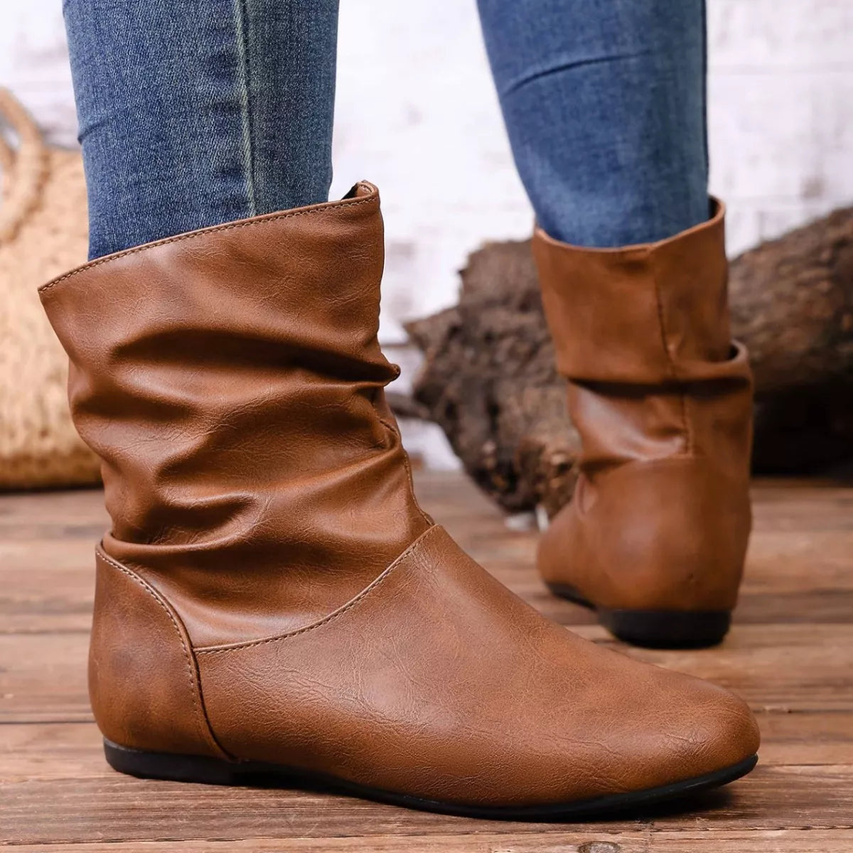 Women's Flat Ankle Boots – Wrinkled PU Leather Side Zipper | Black & Brown