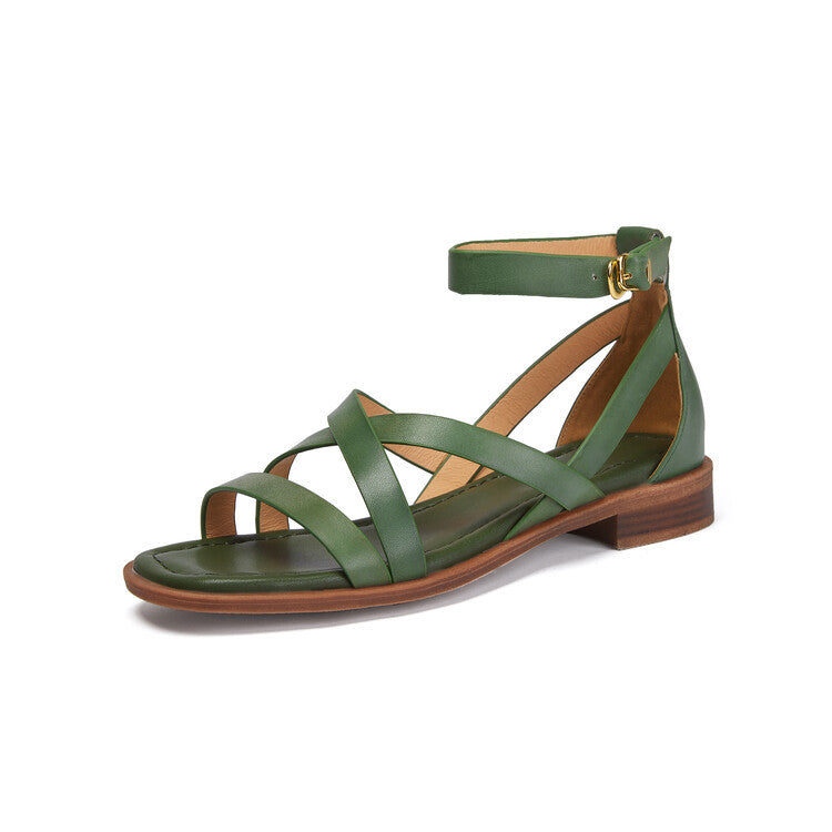 Women's Retro Cross-Strap Flat Sandals - Genuine Leather Open Toe Ankle Buckle Shoes