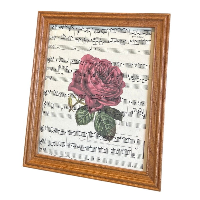 Handmade Upcycled Vintage Sheet Music Pink Rose Flower Wood Framed Wall Art
