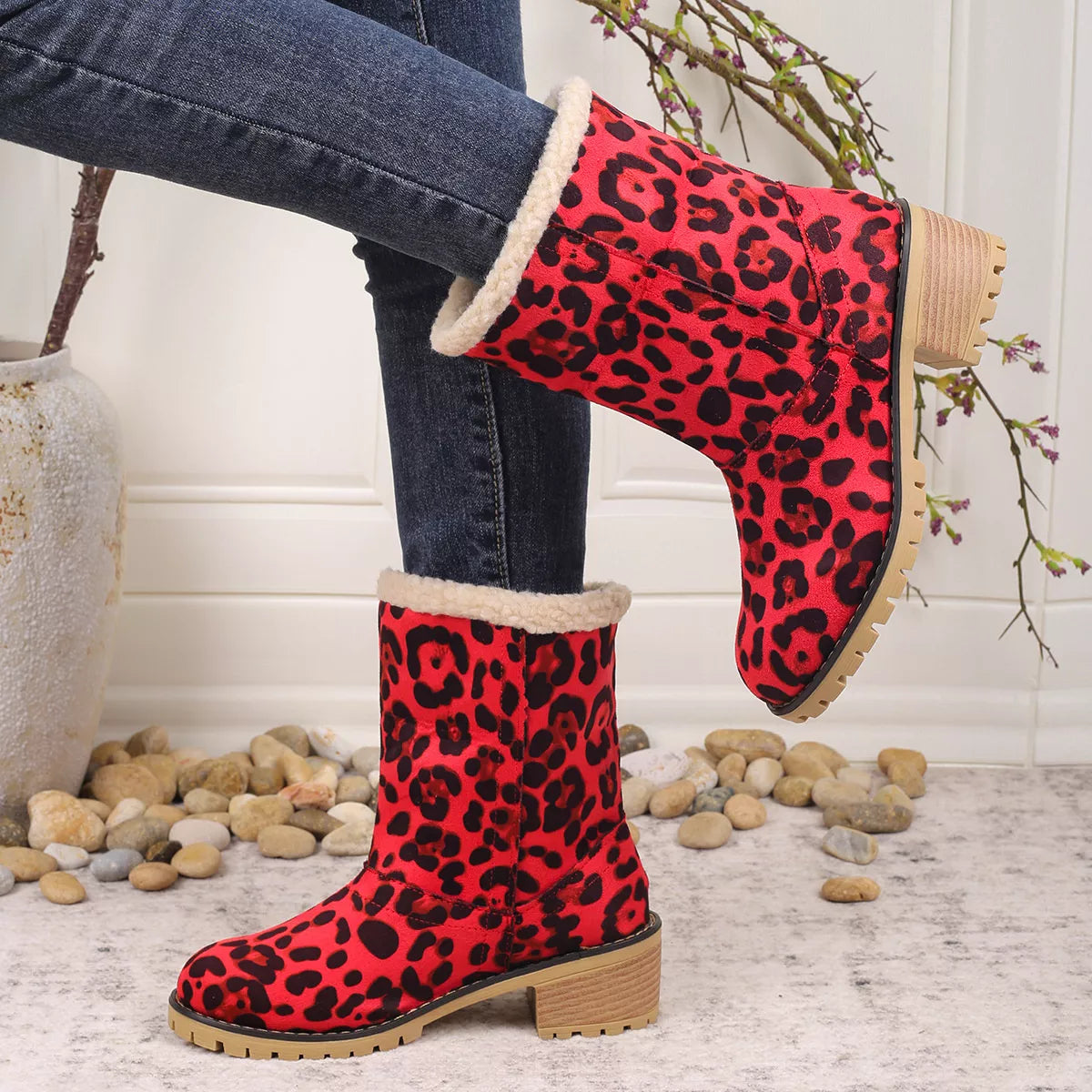 Women's Leopard Print Plush Lined Boots | Mid Heel Slip-On Suede Boots with Warm Faux Fur Lining