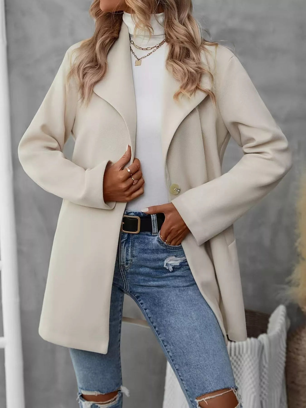 Lapel Collar Single-Button Wool Blend Overcoat