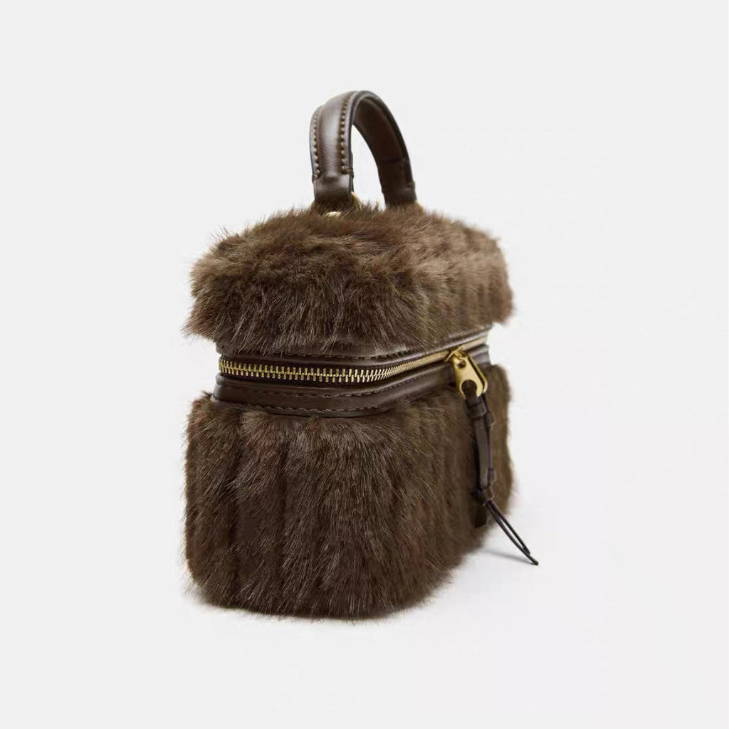 Chic Plush Chain Crossbody Bag – Synthetic Leather Mini Handbag for Women | Coffee Brown