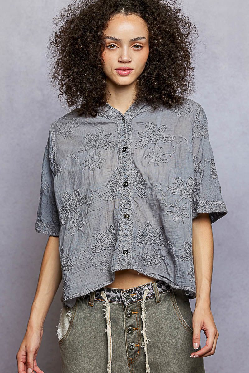 POL Button Front Floral Stitching Breathable Hooded Shirt