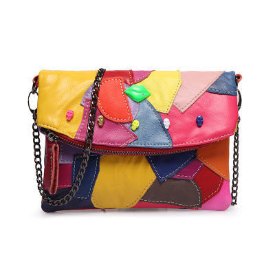 Patchwork Leather Crossbody Bag - Genuine Sheepskin Chain Shoulder Bag