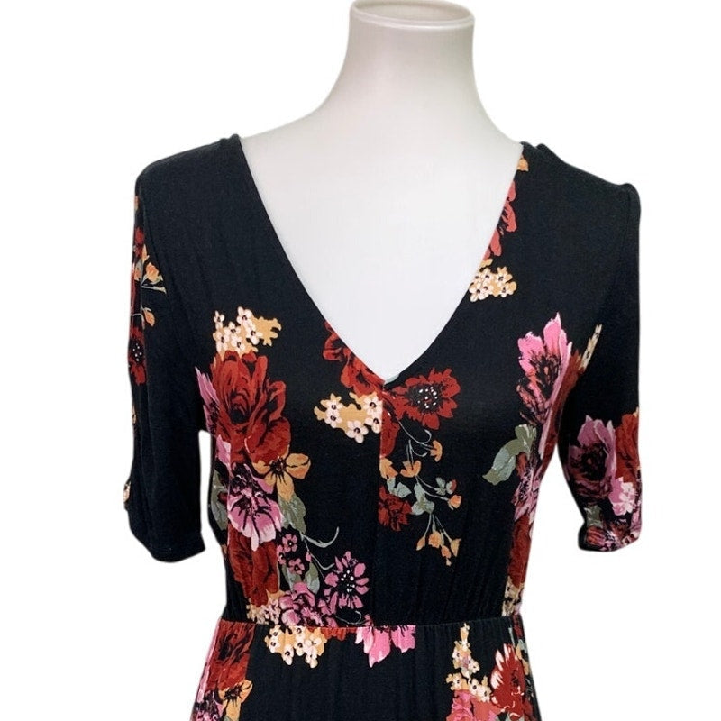 Maurices Womens Small Half Sleeve V Neck Black Pink Floral Fit n Flare Dress