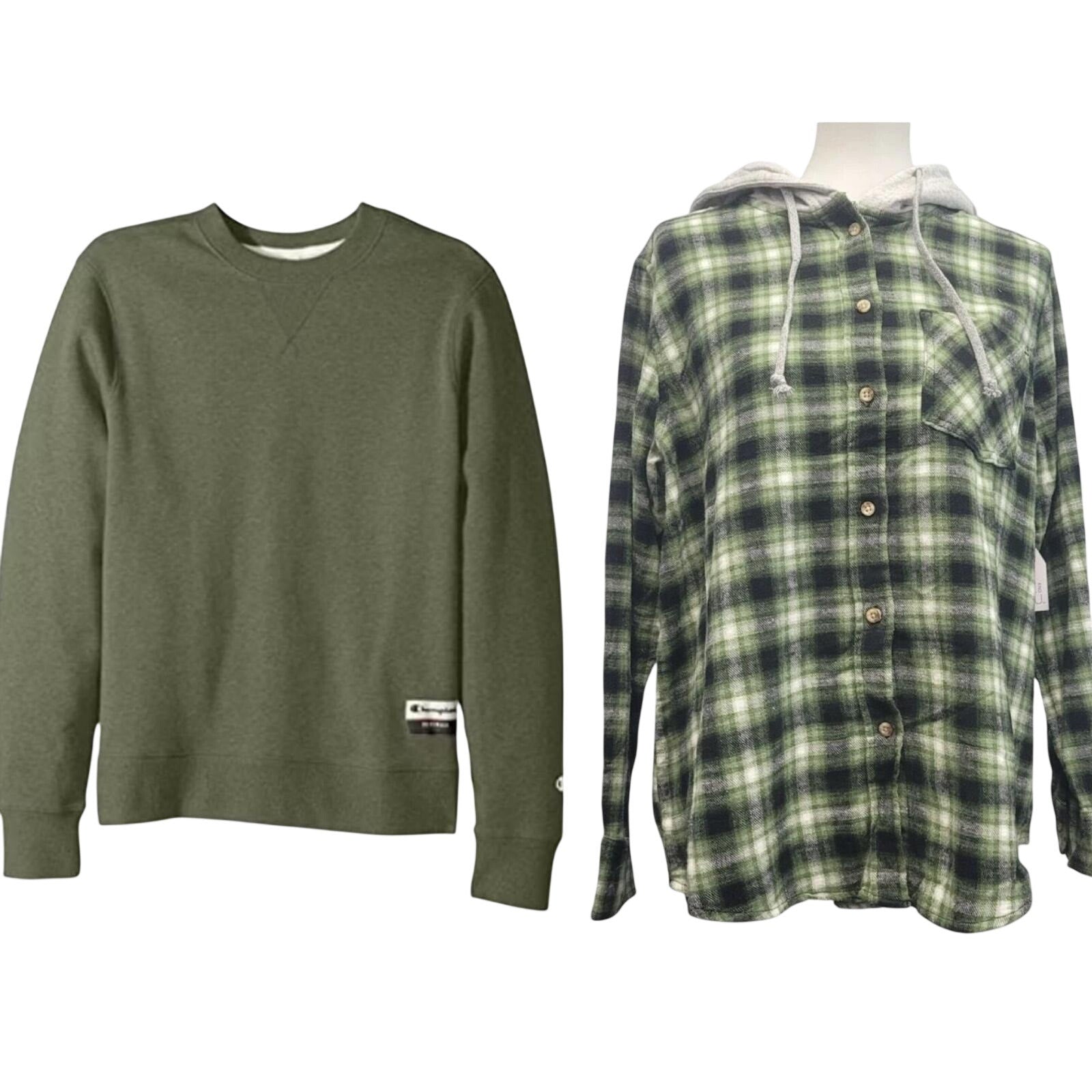 New Champion Unisex Large Green Pullover Sweatshirt w Bonus Plaid Flannel Hoodie