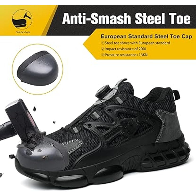 Qingruipai Mens 10.5 Black Mesh Steel Toe Puncture Proof Tightening Button Shoes