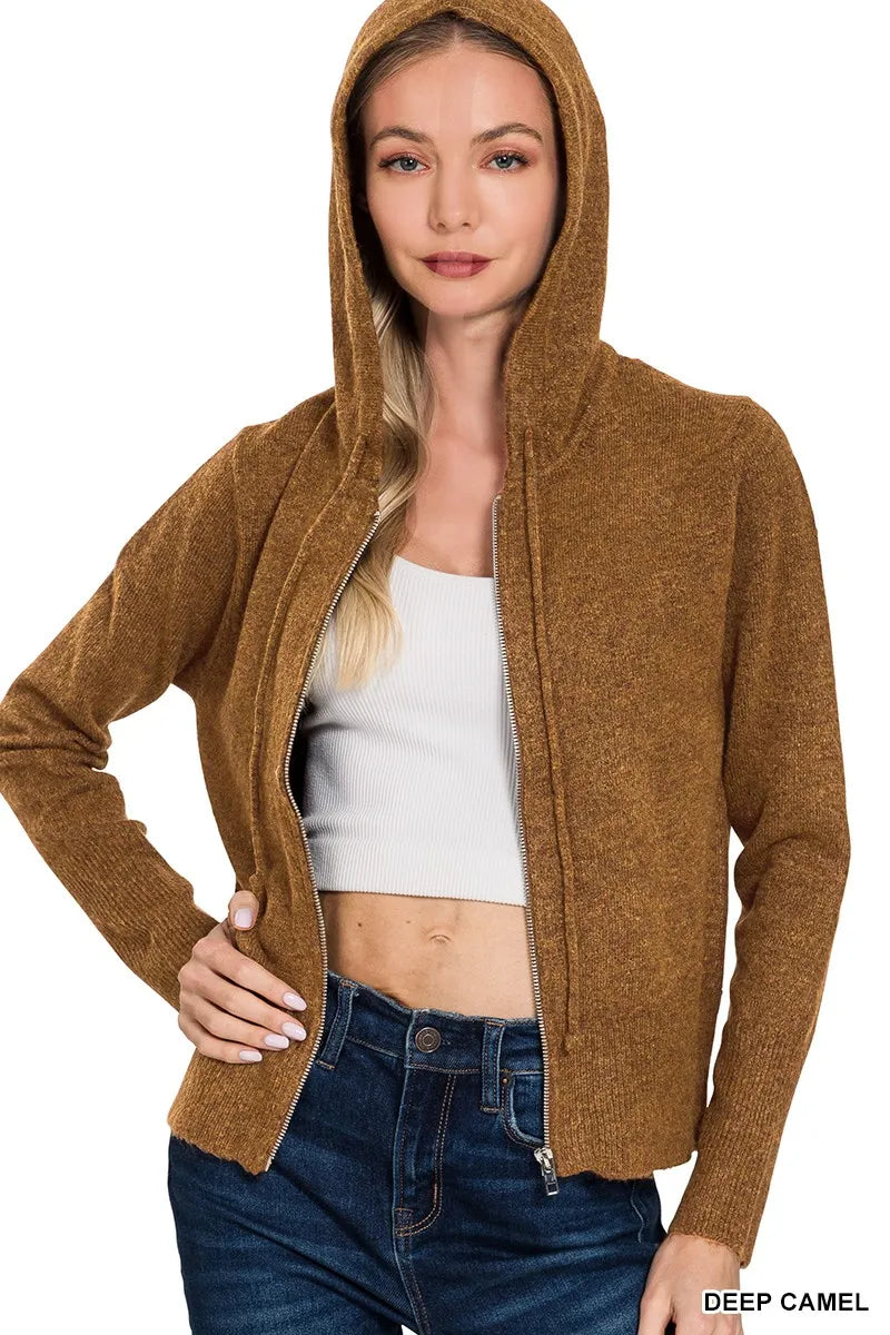 Zenana Drawstring Zip Up Hooded Cardigan