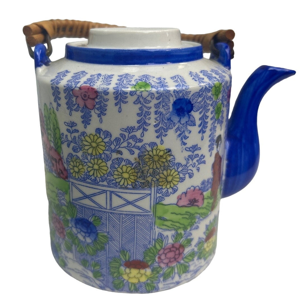 Vintage Japanese Blue Painted Ceramic Teapot Teacup Set Bamboo Handle