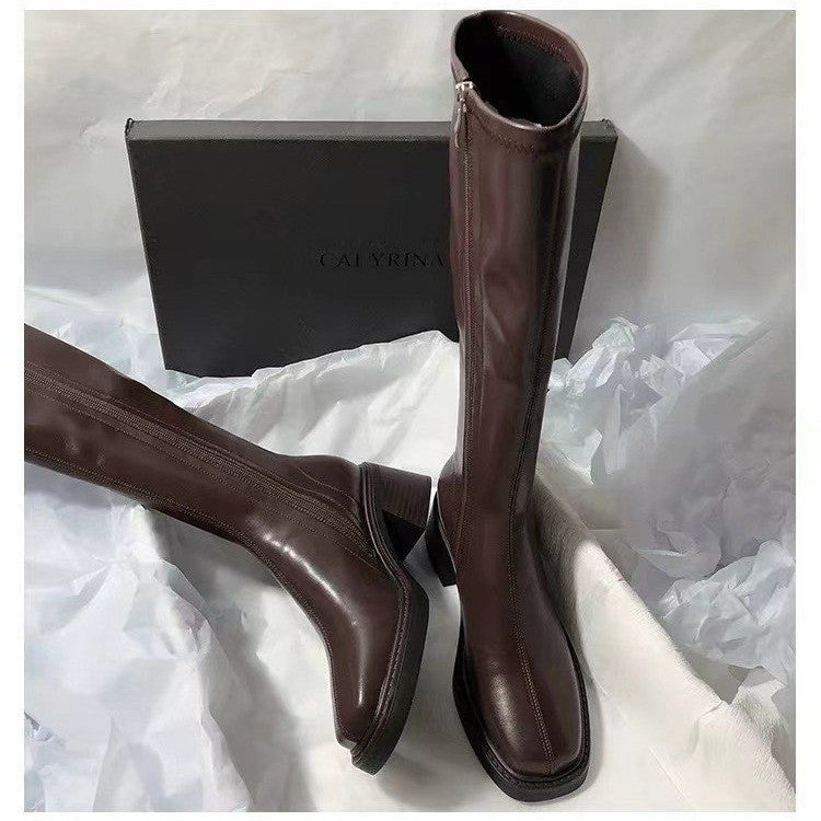 Women's Square-Toe Over-the-Knee Boots | Chunky Heel Side Zipper | Brown & Black