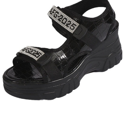 Women's Rhinestone Lettered Wedge Heel Sandals – Velcro Casual Platform Sandals in White & Black