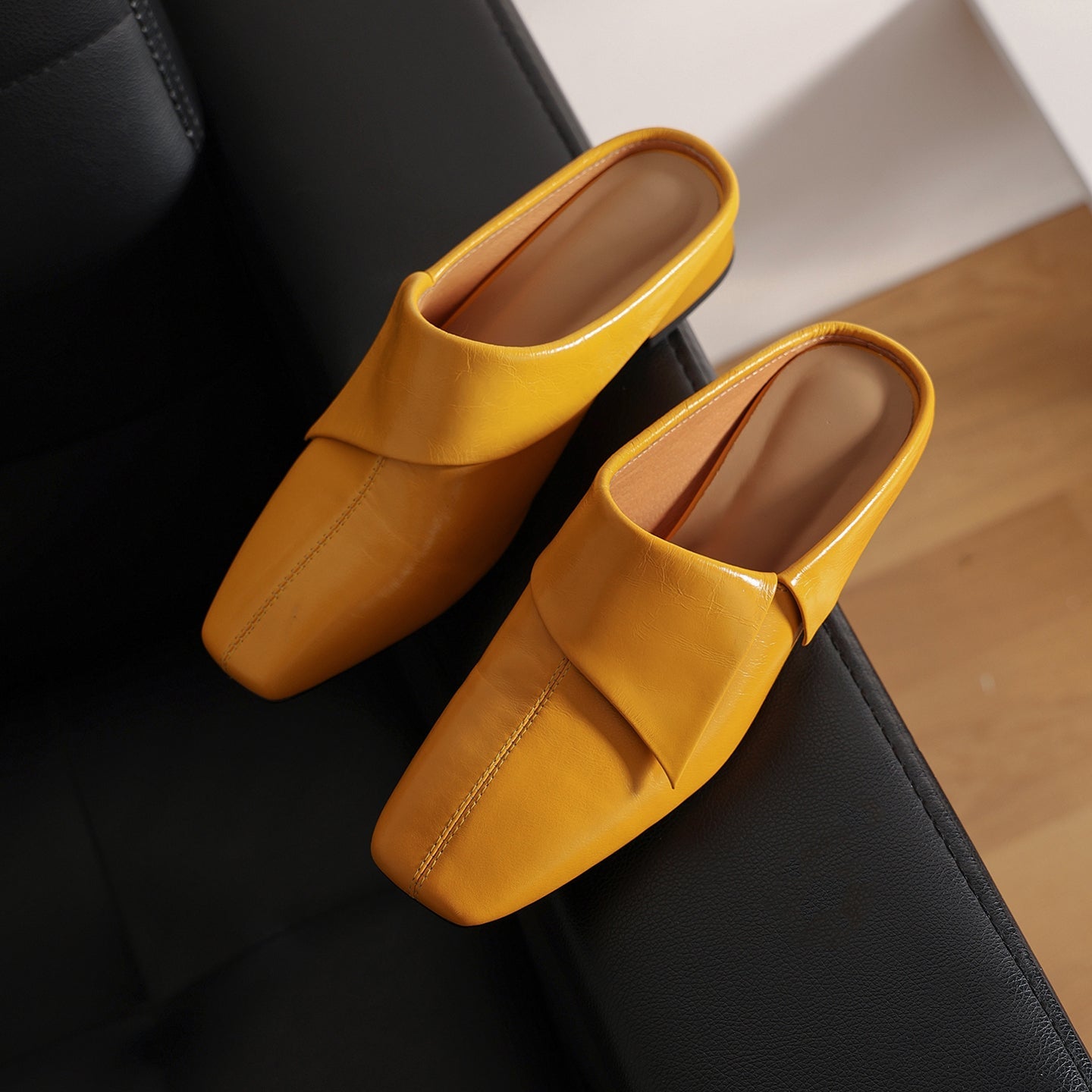 Women's Vintage Cowhide Fold-Over Mules | Square Toe Low Block Heel Backless Loafers
