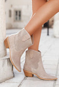Women's Embossed Suede Mid-Heel Boots - Pointed Toe Slip-On Ankle Boots in Large Sizes