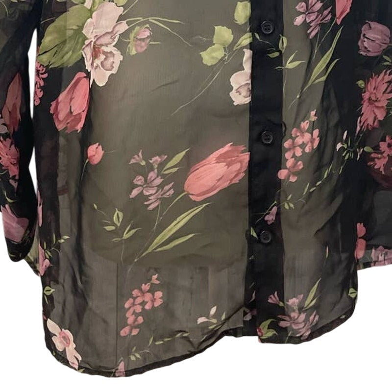 Fashion Bug Womens 14W 16W Sheer Floral Long Sleeve Polyester Button Down Blouse