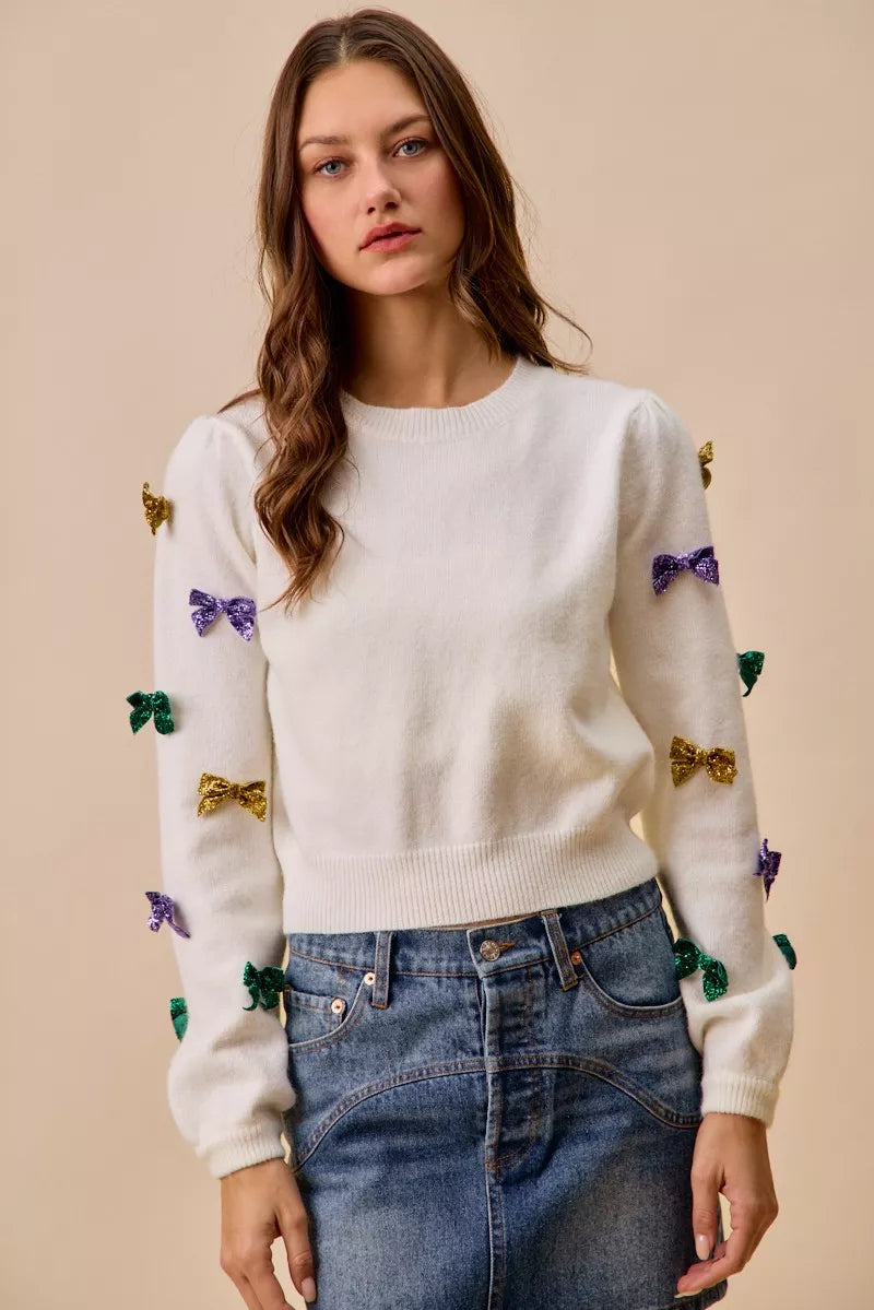 SO ME Mardi Gras Glitter Bow Ribbon Sweater Knit Top