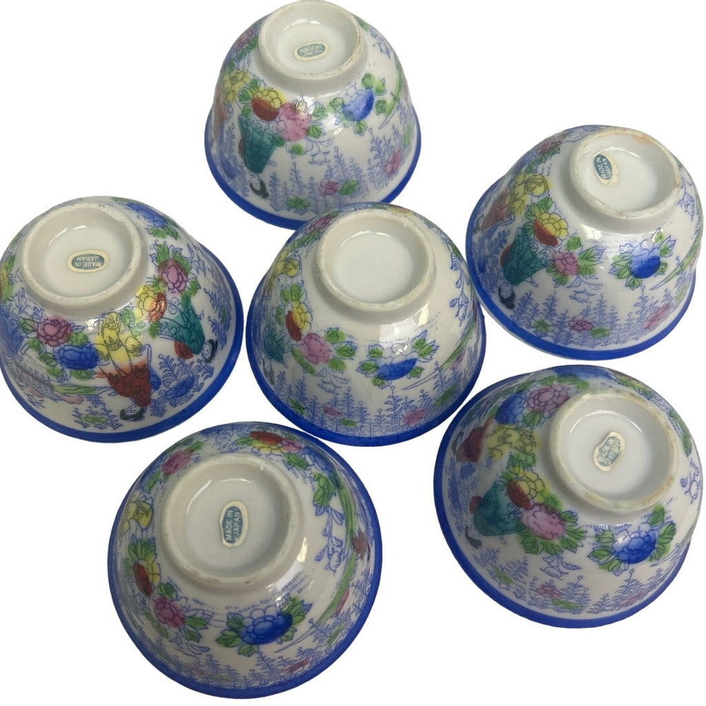Vintage Japanese Blue Painted Ceramic Teapot Teacup Set Bamboo Handle