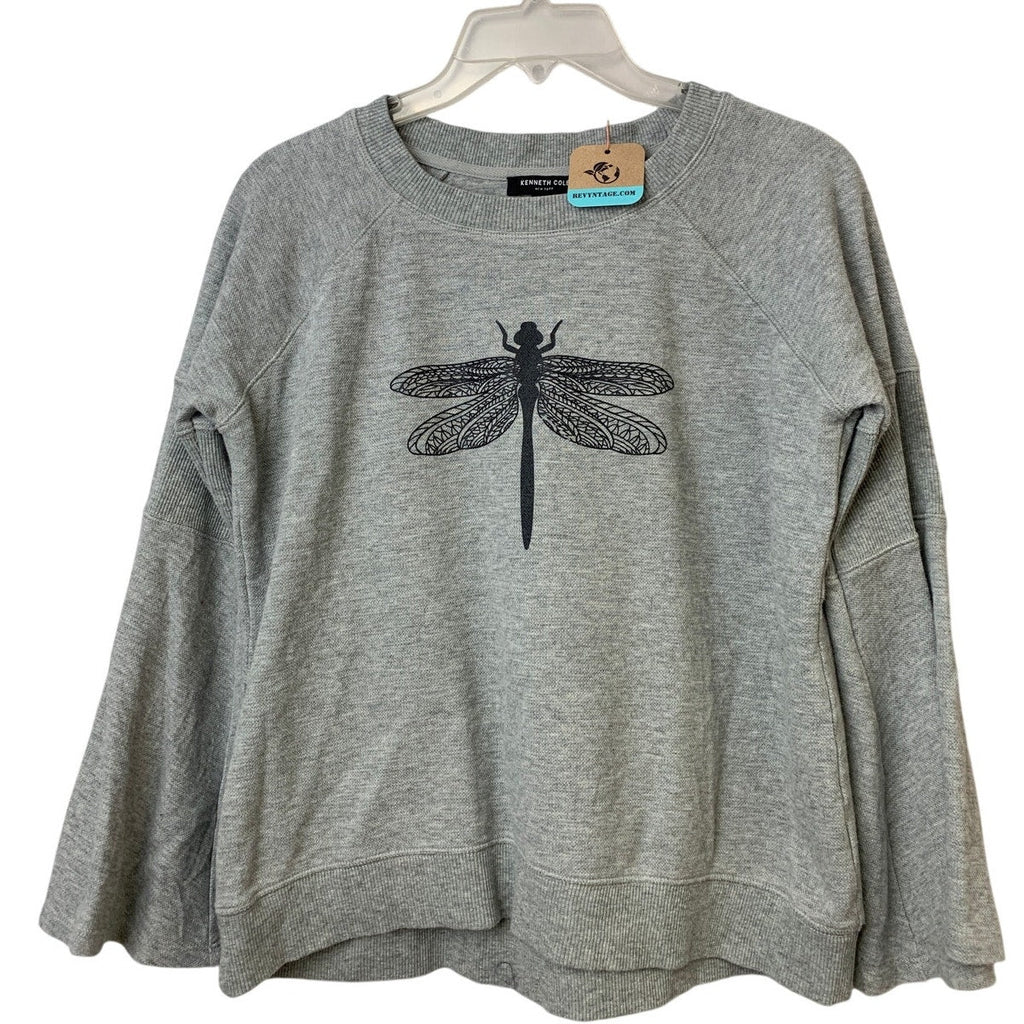Upcycled Hand Printed Mens Medium Gray Heather Dragonfly Long Sleeve Sweatshirt