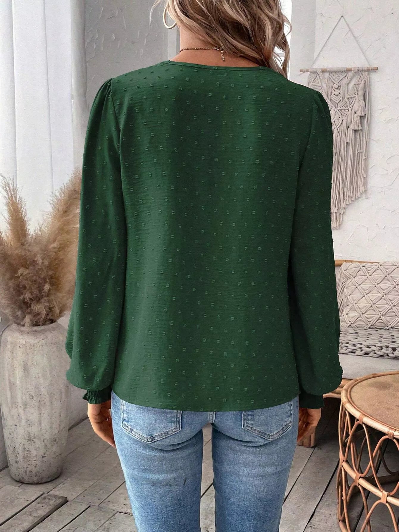 Swiss Dot Lace Detail Long Sleeve Blouse