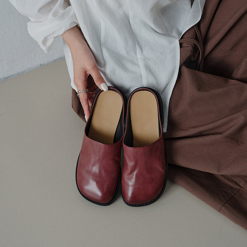 Women's Washed Cowhide Leather Mule Slides | Retro Round-Toe Block Heel Backless Shoes