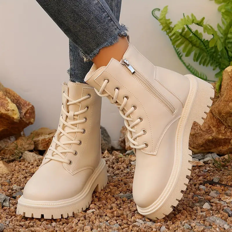 Women's Motorcycle Ankle Boots - Chunky Heel Side Zipper Boots