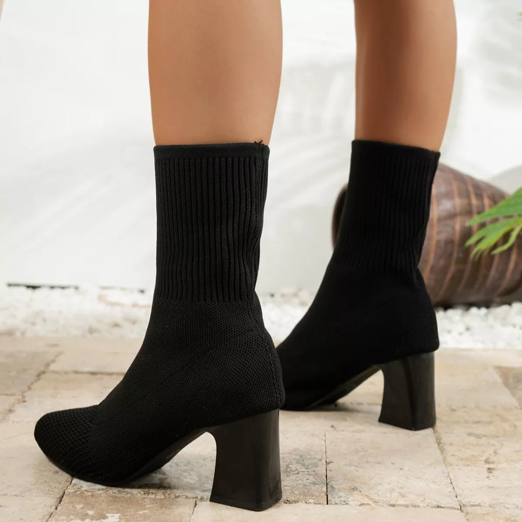 Women's Point Toe Knit Sock Boots | Block Heel Stretch Boots