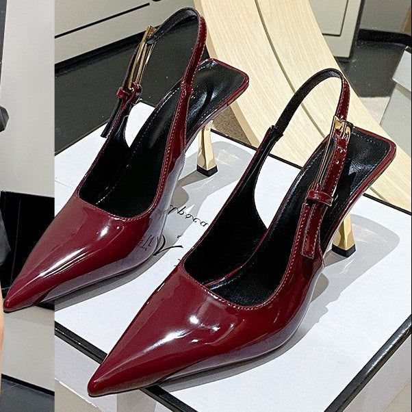 Women's Pointed-Toe Stiletto Sandals | Low Heel Slip-On Dress Shoes in Black, Nude & Red