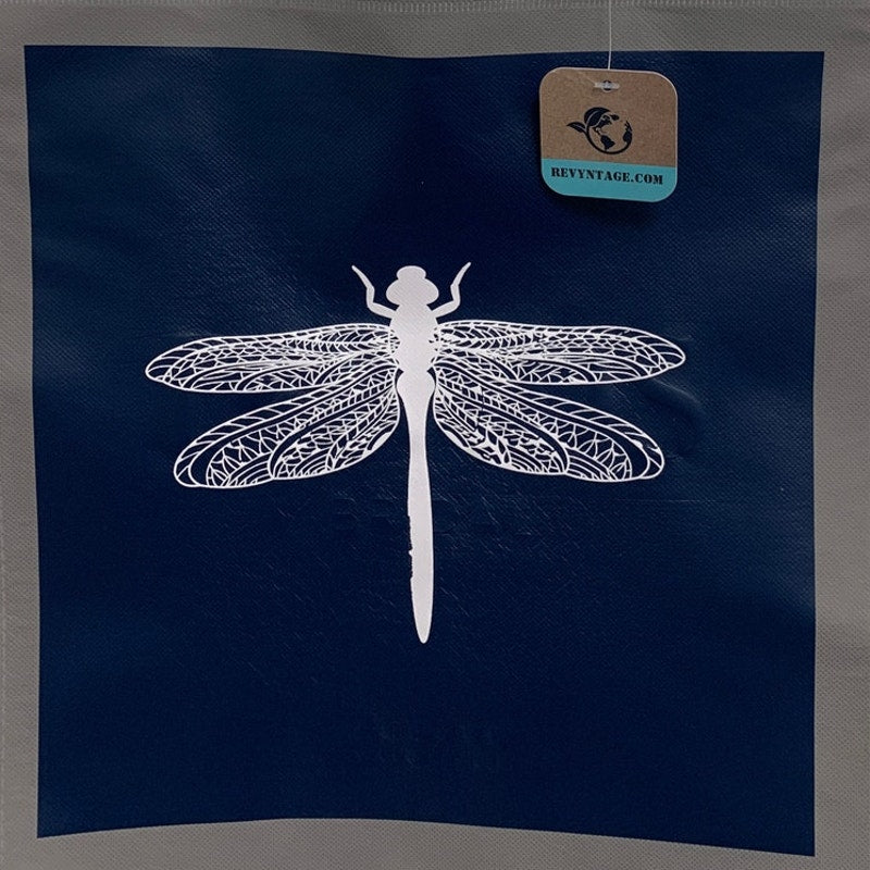 New Upcycled Hand Printed Large White Dragonfly Beautiful Shopper Tote Bag