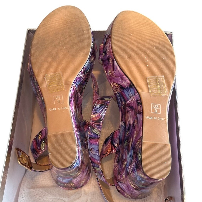 Aachcol Womens Size 9 Purple 4" Wedge Heel Open Round Toe Ankle Strap Shoes