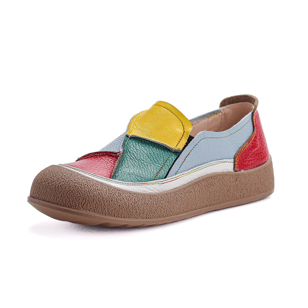 Women's Genuine Leather Patchwork Color-Block Loafers | Slip-On Round Toe Low Heel Shoes