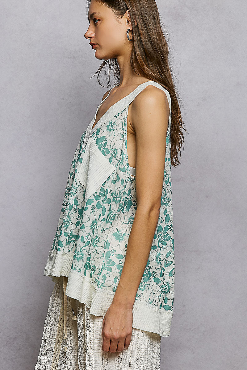 POL Floral V-Neck Tank with Front Pocket