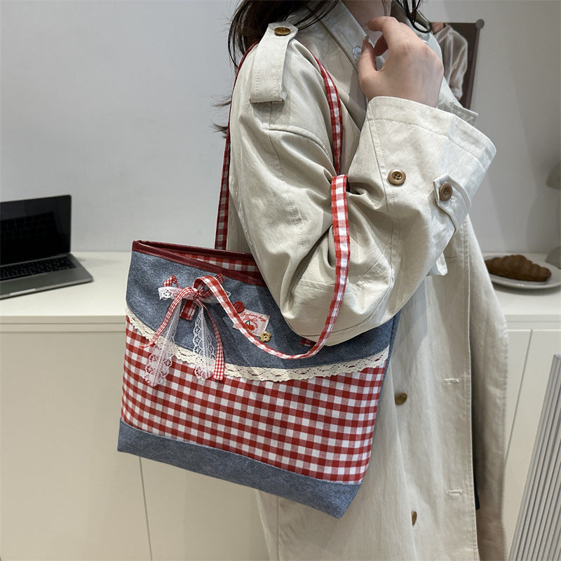 Korean Lace-Trim Color-Block Plaid Tote Bag