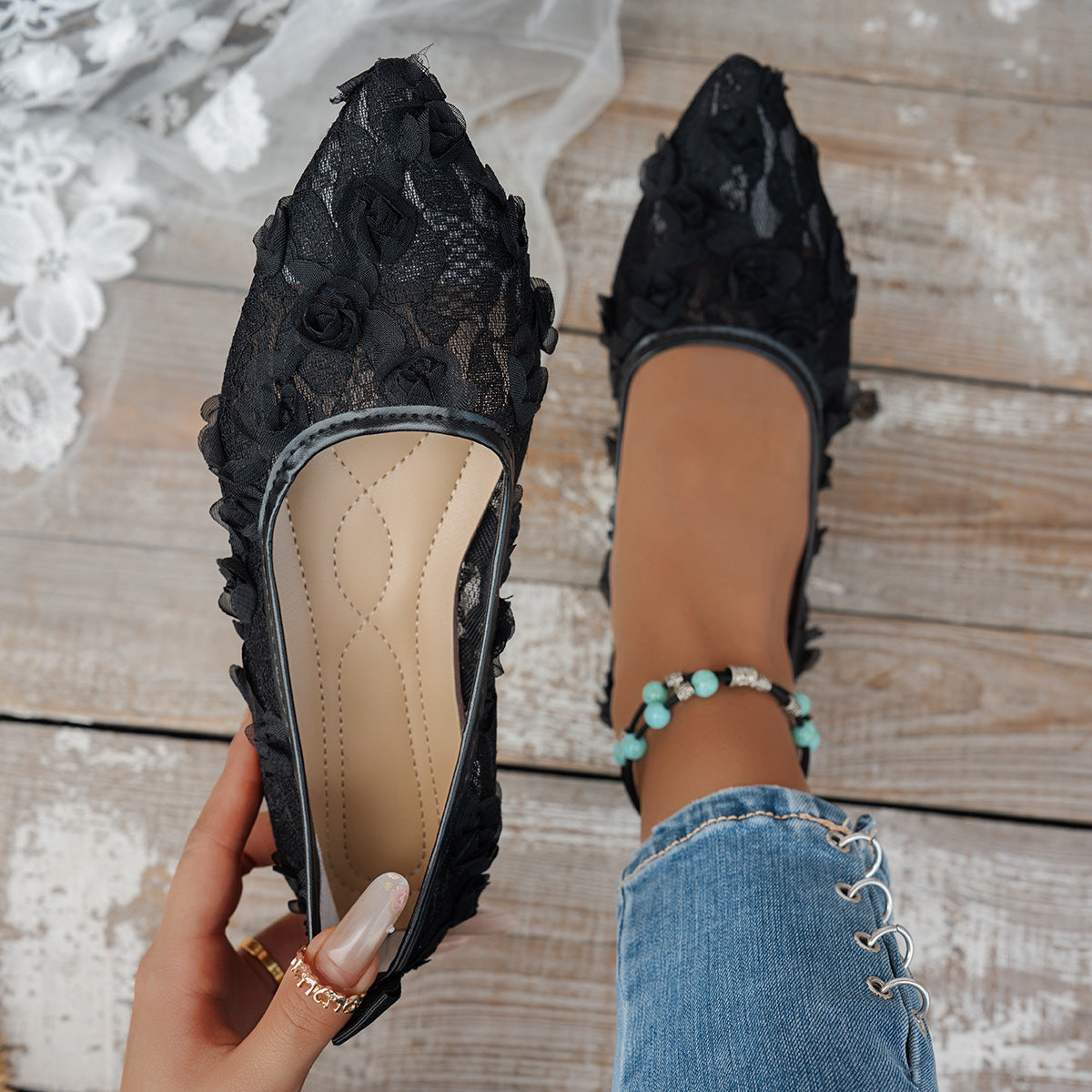 Women's Floral Pointed-Toe Flat Loafers - Slip-On Casual Shoes