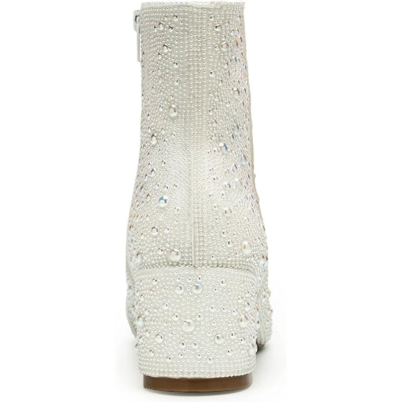 New Yayone Womens 9.5 White Sparkle Pearl Size Zip 2.5"Block Heel Ankle Boots