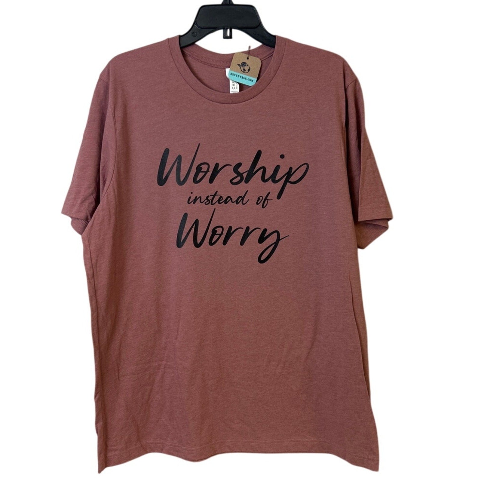 New Hand Printed Womens Large Worship Instead Of Worry Short Sleeve Tee Shirt