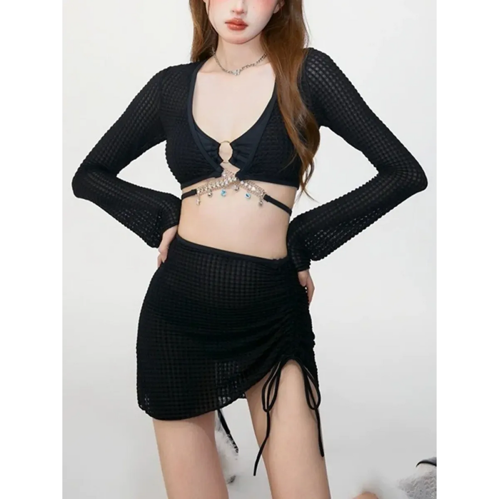 Ivory Mesh Chain Bikini Set – Long Sleeve Lace-Up Beachwear