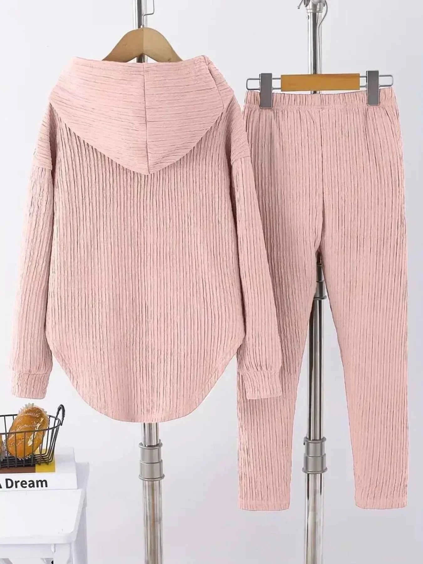 Textured Long Sleeve Hoodie and Pants Set