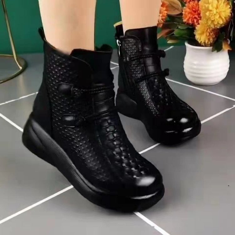 Women's Fleece-Lined Mid-Calf Wedge Boots - Round Toe Side Zipper Winter Boots
