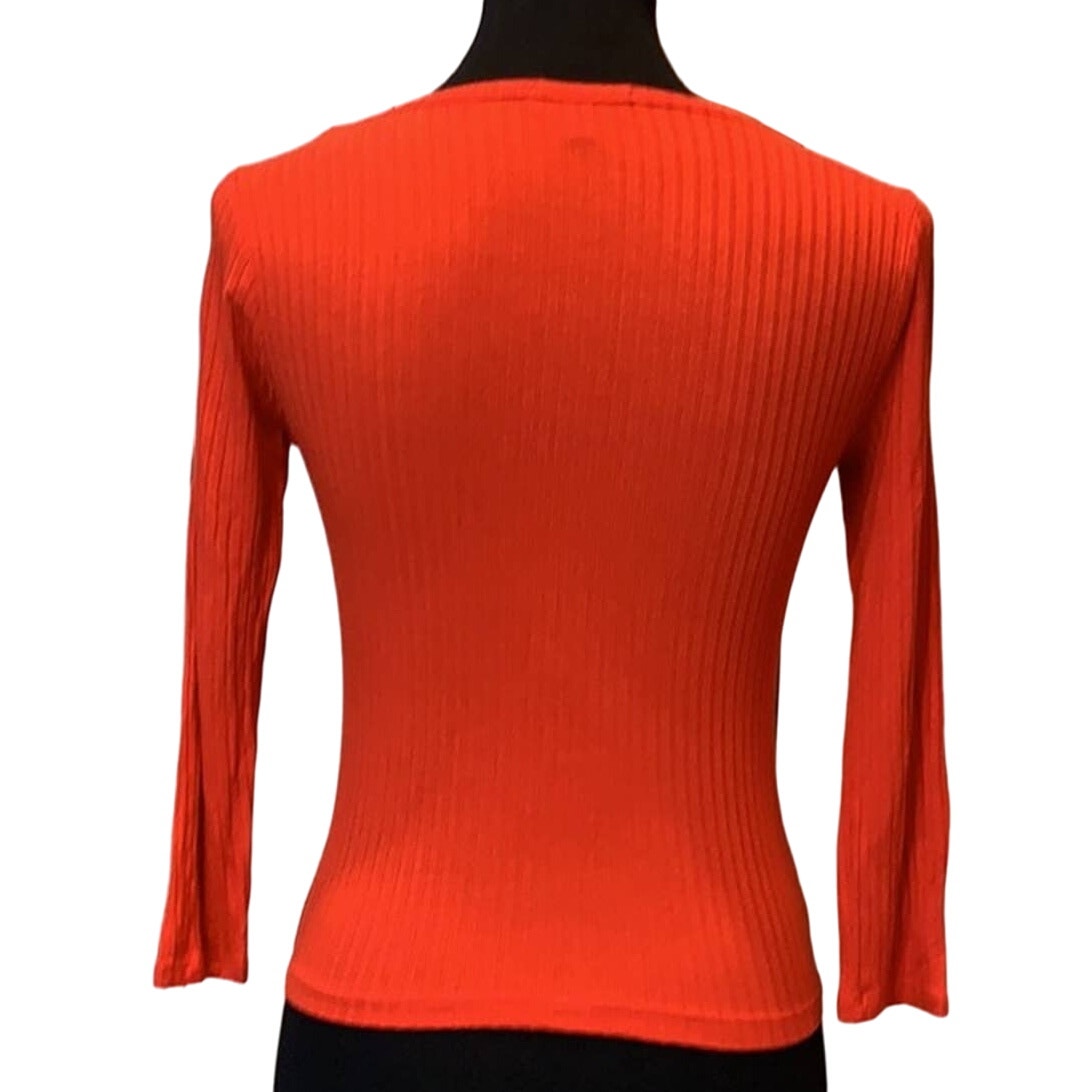 Love J Small Orange Ribbed Faux-Button Stretchy Long Sleeve Scoop Neck Sweater