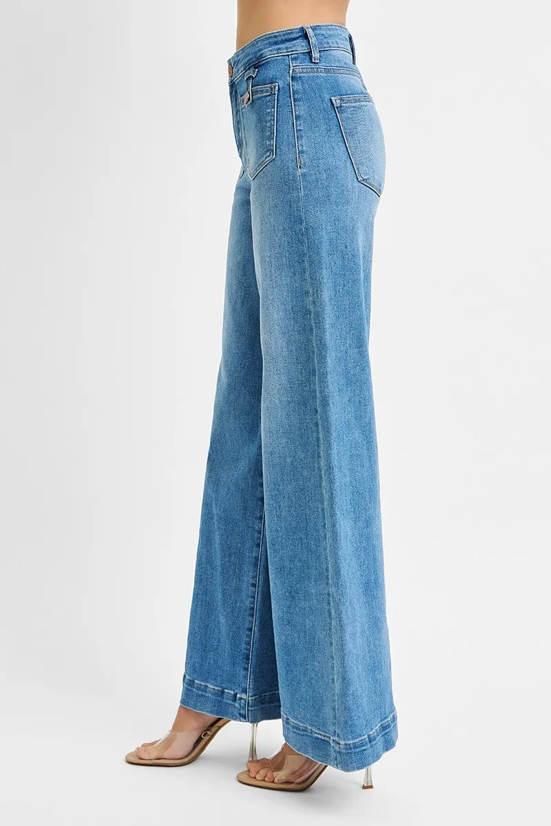RISEN Full Size Mid Rise Wide Front Patch Pocket Jeans Plus Size