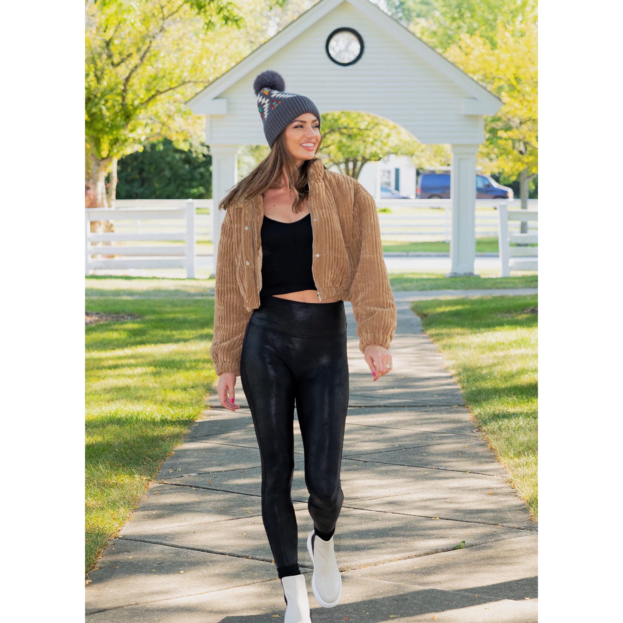 C.C Soft Aztec Pattern Beanie with Faux Fur Pom