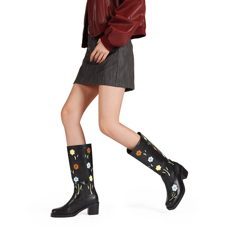Women's Western Boots with Floral Embroidery - Mid-Calf Chunky Heel Boots