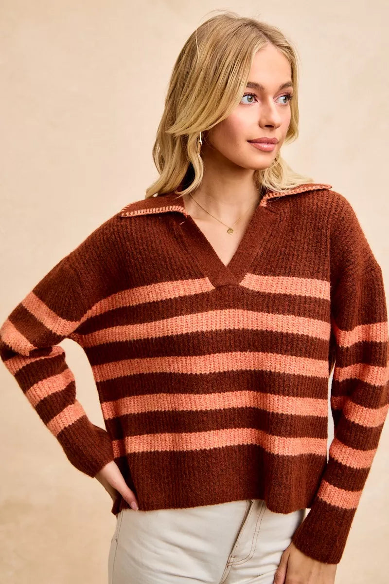 BiBi Striped Sweater Top with Collar Stitched Details