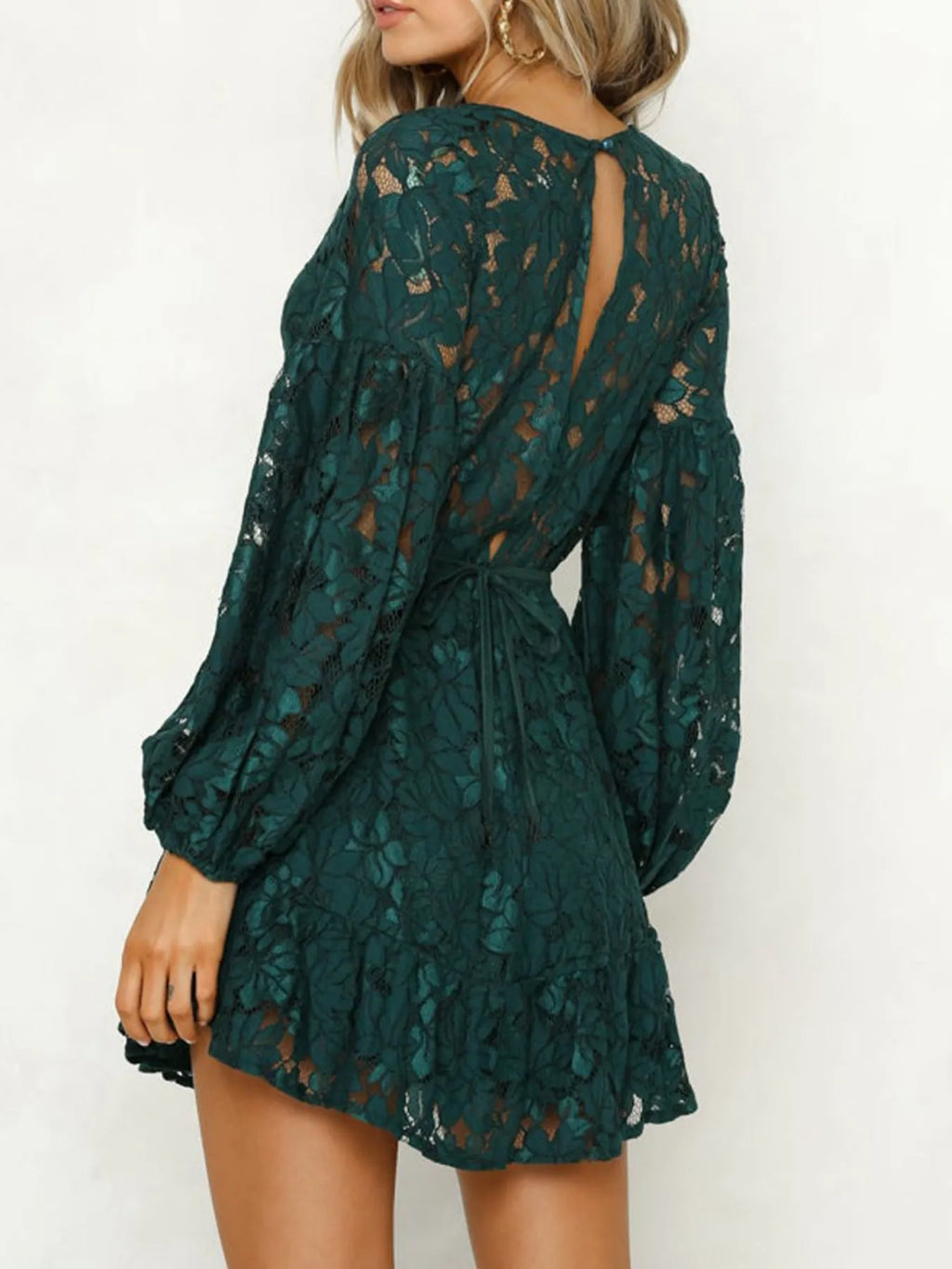 Lace V-Neck Long Sleeve Mini Dress