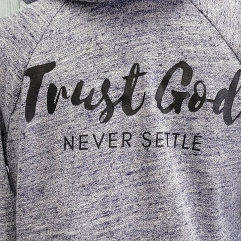 Hand Printed Upcycled Womens Small Trust God Never Settle Full Zip Hoodie Jacket
